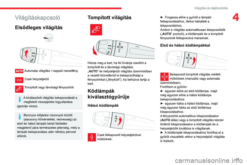 CITROEN BERLINGO VAN 2021 Kezelési útmutató (in Hungarian) 63
Világítás és tájékozódás
4Világításkapcsoló
Elsődleges világítás
Automata világítás / nappali menetfény
Csak helyzetjelző
Tompított vagy távolsági fényszórók
CITROEN BERLINGO VAN 2021 Kezelési útmutató (in Hungarian) 63
Világítás és tájékozódás
4Világításkapcsoló
Elsődleges világítás
Automata világítás / nappali menetfény
Csak helyzetjelző
Tompított vagy távolsági fényszórók