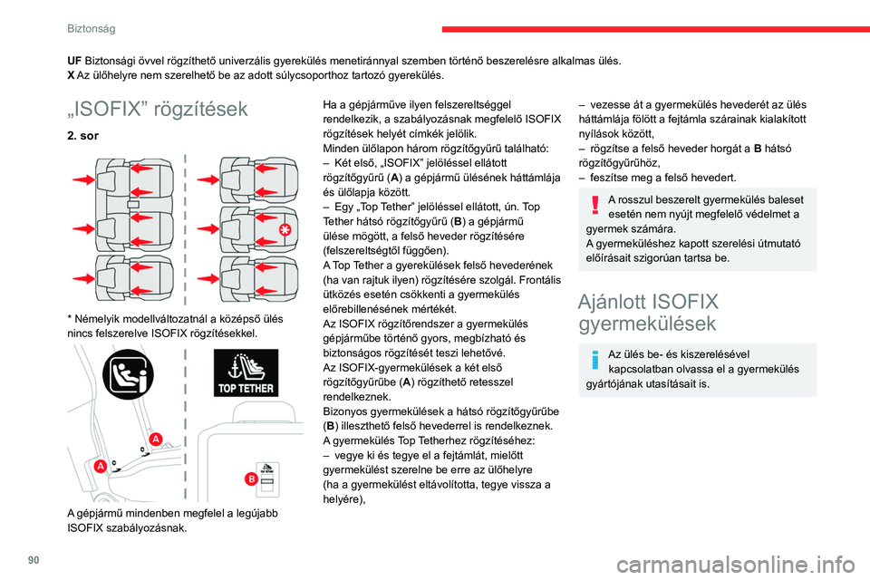 CITROEN BERLINGO VAN 2021 Kezelési útmutató (in Hungarian) 90
Biztonság
Az ISOFIX gyermekülések elhelyezésének összefoglaló táblázata
Az európai szabályozással összhangban az alábbi táblázat ismerteti az ISOFIX-gyermekülések beszerelési leh CITROEN BERLINGO VAN 2021 Kezelési útmutató (in Hungarian) 90
Biztonság
Az ISOFIX gyermekülések elhelyezésének összefoglaló táblázata
Az európai szabályozással összhangban az alábbi táblázat ismerteti az ISOFIX-gyermekülések beszerelési leh