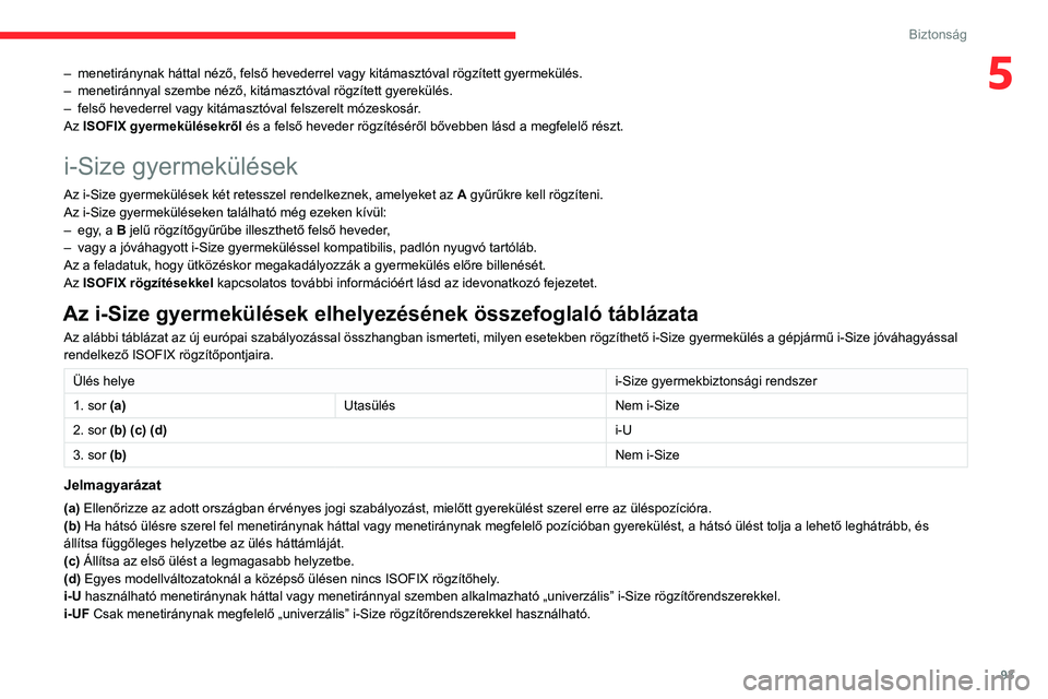 CITROEN BERLINGO VAN 2021 Kezelési útmutató (in Hungarian) 93
Biztonság
5– menetiránynak háttal néző, felső hevederrel vagy kitámasztóval rögzített gyermekülés.
– menetiránnyal szembe néző, kitámasztóval rögzített gyerekülés.
–
CITROEN BERLINGO VAN 2021 Kezelési útmutató (in Hungarian) 93
Biztonság
5– menetiránynak háttal néző, felső hevederrel vagy kitámasztóval rögzített gyermekülés.
– menetiránnyal szembe néző, kitámasztóval rögzített gyerekülés.
–