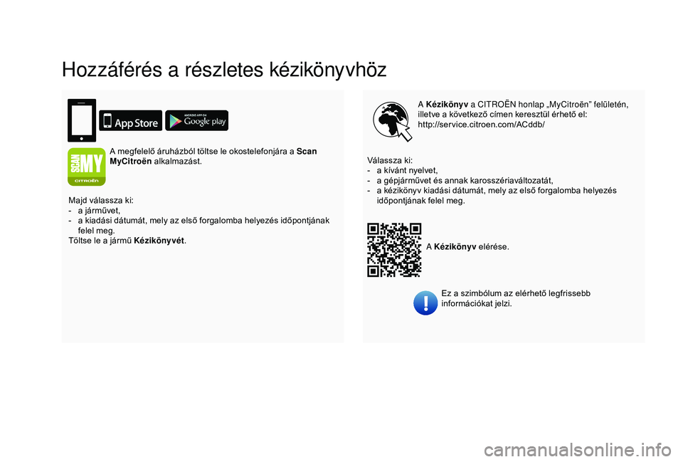 CITROEN BERLINGO VAN 2019  Kezelési útmutató (in Hungarian) Hozzáférés a részletes kézikönyvhöz
A Kézikönyv a CITROËN honlap „MyCitroën” felületén, 
illetve a következő címen keresztül érhető el:
http://service.citroen.com/ACddb/
A Kézi