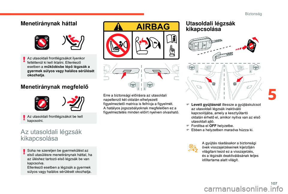 CITROEN BERLINGO VAN 2019 Kezelési útmutató (in Hungarian) 107
Az utasoldali frontlégzsákot ilyenkor
feltétlenül ki kell iktatni. Ellenkező
esetben a működésbe lépő légzsák a
gyermek súlyos vagy halálos sérülését
okozhatja.
Menetirányna CITROEN BERLINGO VAN 2019 Kezelési útmutató (in Hungarian) 107
Az utasoldali frontlégzsákot ilyenkor
feltétlenül ki kell iktatni. Ellenkező
esetben a működésbe lépő légzsák a
gyermek súlyos vagy halálos sérülését
okozhatja.
Menetirányna