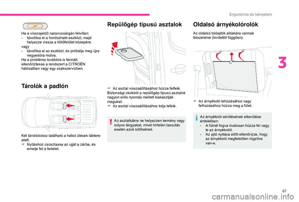 CITROEN BERLINGO VAN 2019 Kezelési útmutató (in Hungarian) 67
Tárolók a padlón
Ha a visszajelző narancssárgán felvillan:
- t ávolítsa el a hordozható eszközt, majd
helyezze vissza a töltőfelület közepére.
vagy
-
t
ávolítsa el az eszközt, CITROEN BERLINGO VAN 2019 Kezelési útmutató (in Hungarian) 67
Tárolók a padlón
Ha a visszajelző narancssárgán felvillan:
- t ávolítsa el a hordozható eszközt, majd
helyezze vissza a töltőfelület közepére.
vagy
-
t
ávolítsa el az eszközt,