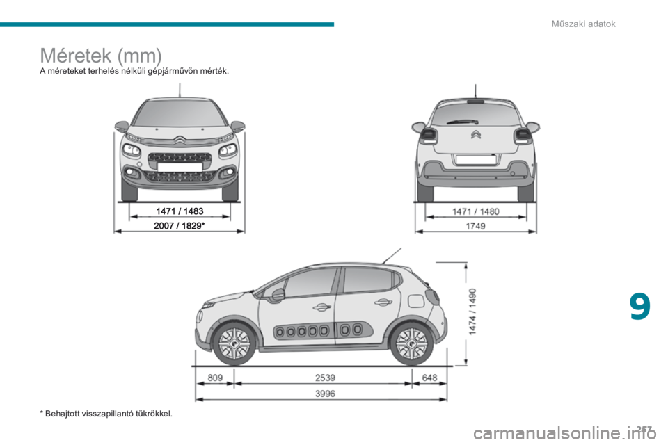 CITROEN C3 2017  Kezelési útmutató (in Hungarian) 257
B618_hu_Chap09_caracteristiques-techniques_ed01-2016
Méretek (mm)A méreteket terhelés nélküli gépjárművön mérték.
* Behajtott visszapillantó tükrökkel.
9 
Műszaki adatok  