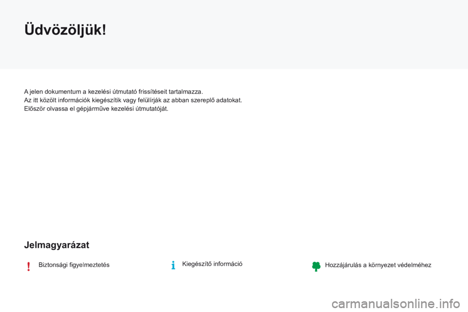 CITROEN C4 2017  Kezelési útmutató (in Hungarian) C4-2-additif_hu_Chap00b_bienvenue_ed02-2015
  Biztonsági ﬁ gyelmeztetés    Kiegészítő információ    Hozzájárulás a környezet védelméhez  
 Üdvözöljük! 
  A jelen dokumentum a kezel