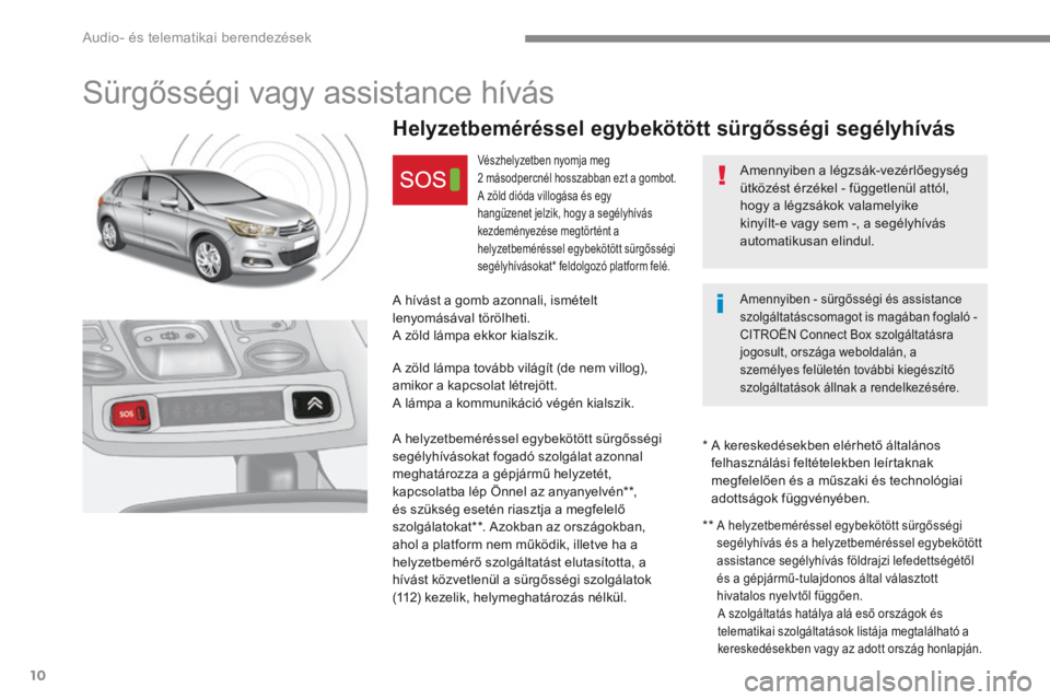 CITROEN C4 2017  Kezelési útmutató (in Hungarian)  Audio- és telematikai berendezések 
10
C4-2-additif_hu_Chap10a_BTA-2_ed02-2015
       S ü r g ő s s é g i   v a g y   a s s i s t a n c e   h í v á s  
        H e l y z e t b e m é r é s s 