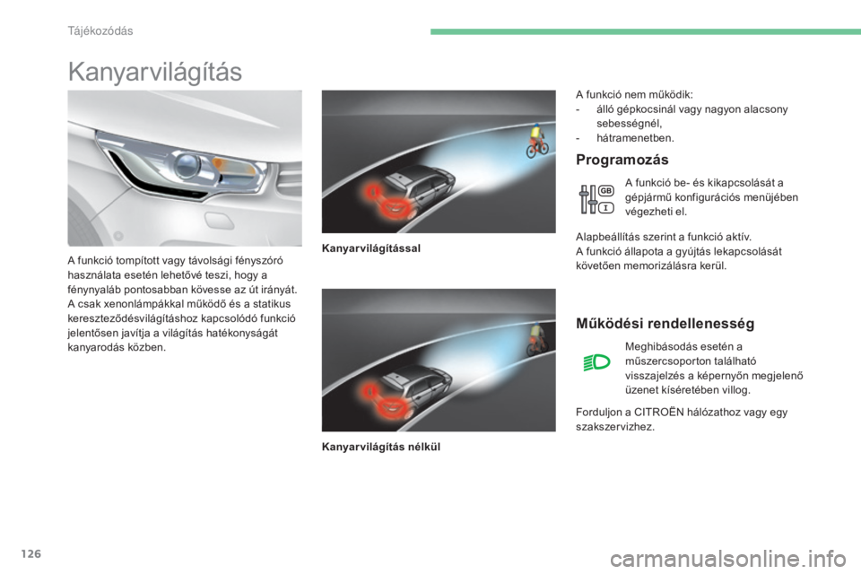 CITROEN C4 2015  Kezelési útmutató (in Hungarian) 126
C4-2_hu_Chap06_visibilite_ed01-2015
C4-2_hu_Chap06_visibilite_ed01-2015
Kanyarvilágítás
Programozás
Kanyarvilágítással
Kanyarvilágítás nélkül
A funkció tompított vagy távolsági fé