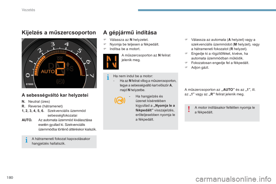 CITROEN C4 2015 Kezelési útmutató (in Hungarian) 180
C4-2_hu_Chap09_conduite_ed01-2015
C4-2_hu_Chap09_conduite_ed01-2015
Kijelzés a műszercsoporton
A sebességváltó kar helyzetei
N. Neutral (üres)
R. R everse (hátramenet)
1, 2, 3, 4, 5, 6.
CITROEN C4 2015 Kezelési útmutató (in Hungarian) 180
C4-2_hu_Chap09_conduite_ed01-2015
C4-2_hu_Chap09_conduite_ed01-2015
Kijelzés a műszercsoporton
A sebességváltó kar helyzetei
N. Neutral (üres)
R. R everse (hátramenet)
1, 2, 3, 4, 5, 6.