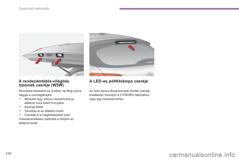 CITROEN C4 2015  Kezelési útmutató (in Hungarian) 250
C4-2_hu_Chap11_info-pratique_ed01-2015
C4-2_hu_Chap11_info-pratique_ed01-2015
Könnyebb kiszerelni az izzókat, ha félig nyitva 
hagyja a csomagtérajtót.
F 
I
 llesszen egy vékony csavarhúzó
