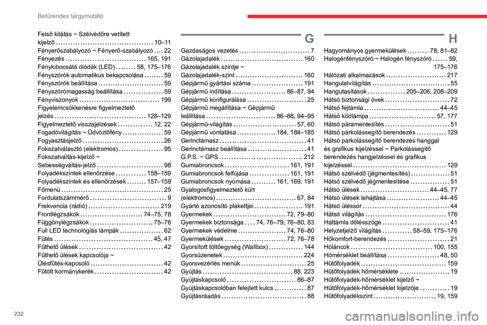 CITROEN C4 2021 Kezelési útmutató (in Hungarian) 232
Betűrendes tárgymutató
Felső kilátás ~ Szélvédőre vetített
kijelző
10–11
Fényerőszabályozó ~ Fényerő-szabályozó
22
Fényezés
165, 191
Fénykibocsátó diódá CITROEN C4 2021 Kezelési útmutató (in Hungarian) 232
Betűrendes tárgymutató
Felső kilátás ~ Szélvédőre vetített
kijelző
10–11
Fényerőszabályozó ~ Fényerő-szabályozó
22
Fényezés
165, 191
Fénykibocsátó diódá