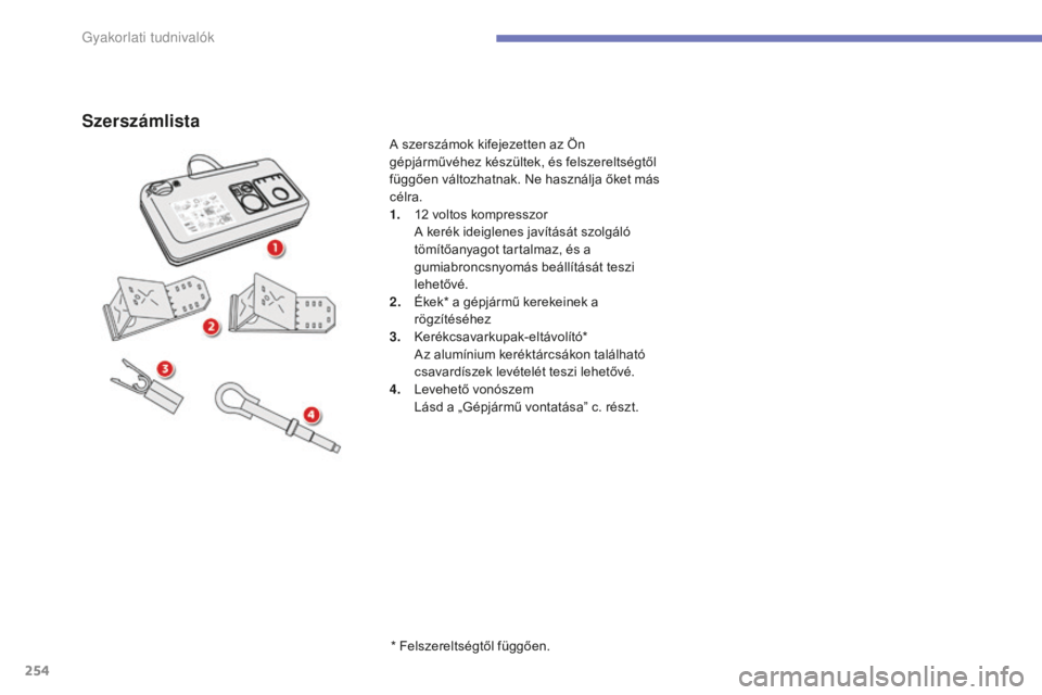 CITROEN C4 SPACETOURER 2015  Kezelési útmutató (in Hungarian) 254
C4-Picasso-II_hu_Chap07_info-pratiques_ed01-2014
Szerszámlista
* Felszereltségtől függően.
A szerszámok kifejezetten az Ön 
gépjárművéhez készültek, és felszereltségtől 
függően 