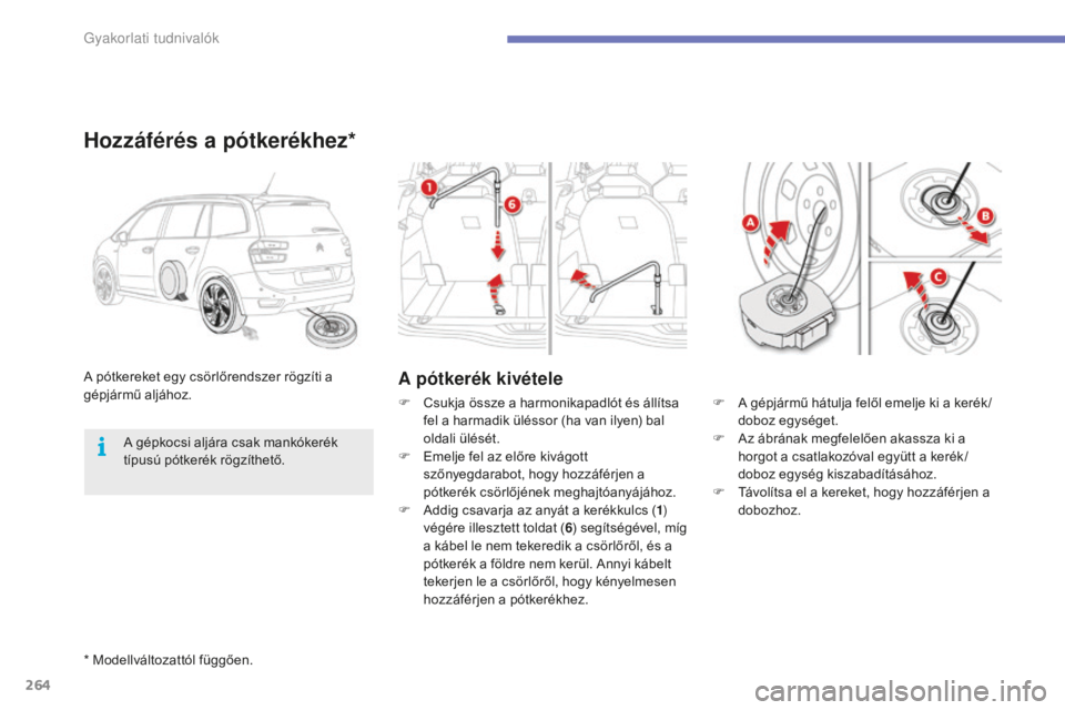 CITROEN C4 SPACETOURER 2015  Kezelési útmutató (in Hungarian) 264
C4-Picasso-II_hu_Chap07_info-pratiques_ed01-2014
* Modellváltozattól függően.
A pótkerék kivételeA pótkereket egy csörlőrendszer rögzíti a 
gépjármű aljához.
Hozzáférés a pótke