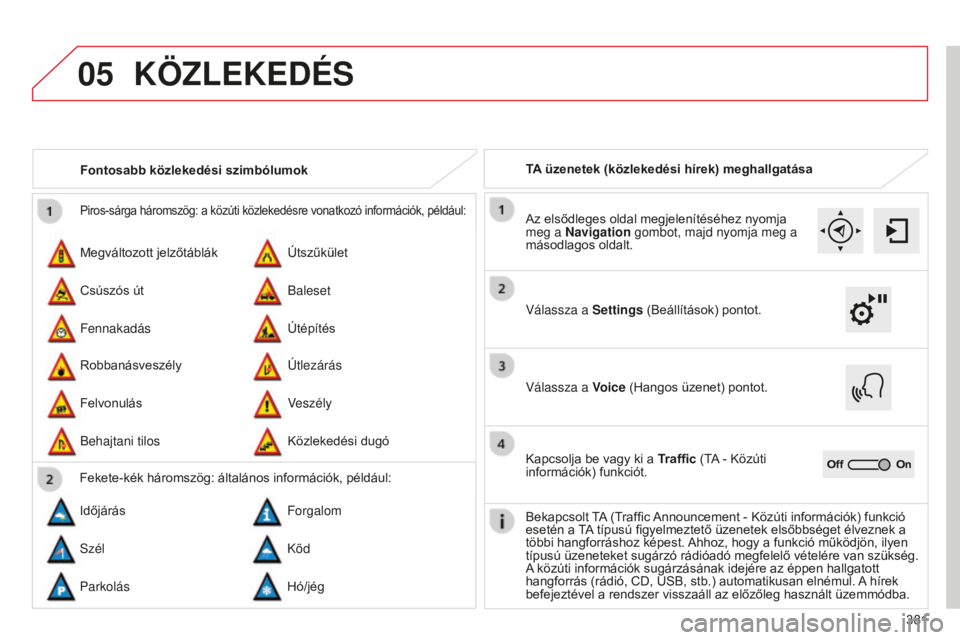 CITROEN C4 SPACETOURER 2015  Kezelési útmutató (in Hungarian) 05
381
C4-Picasso-II_hu_Chap10b_SMEGplus_ed01-2014
Piros-sárga háromszög: a közúti közlekedésre vonatkozó információk, például:
Megváltozott jelzőtáblák
RobbanásveszélyÚtszűkület
