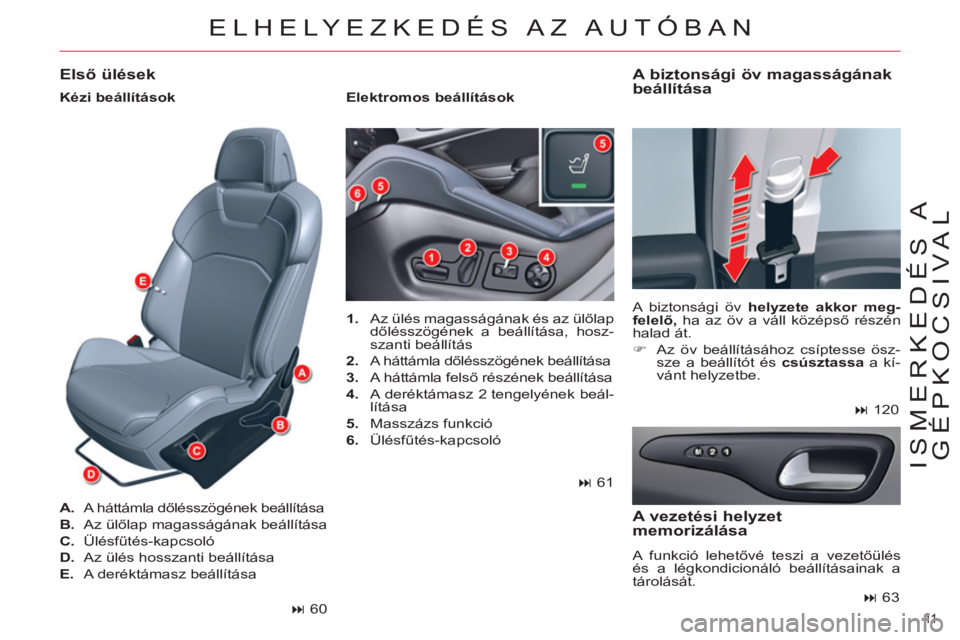CITROEN C5 2014  Kezelési útmutató (in Hungarian) 11  
ISMERKEDÉS A 
GÉPKOCSIVAL
  ELHELYEZKEDÉS AZ AUTÓBAN 
 
 
 
1. 
  Az ülés magasságának és az ülőlap 
dőlésszögének a beállítása, hosz-
szanti beállítás 
   
2. 
  A háttáml