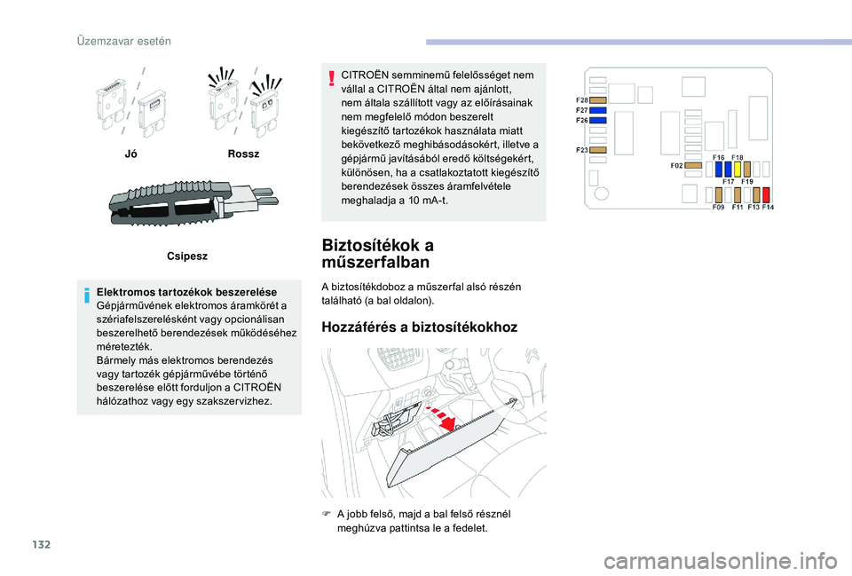 CITROEN C-ELYSÉE 2018  Kezelési útmutató (in Hungarian) 132
JóRossz
Csipesz
Elektromos tartozékok beszerelése
Gépjárművének elektromos áramkörét a 
szériafelszerelésként vagy opcionálisan 
beszerelhető berendezések működéséhez 
méretez