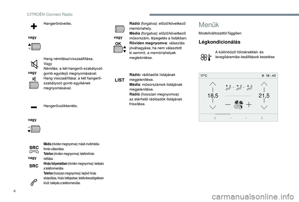 CITROEN C-ELYSÉE 2018 Kezelési útmutató (in Hungarian) 4
21,518,5
vagy Hangerőnövelés.
vagy Hang némítása/visszaállítása.
Vagy
Némítás: a két hangerő-szabályozó
gomb egyidejű megnyomásával.
Hang visszaállítása: a két hangerő-
s CITROEN C-ELYSÉE 2018 Kezelési útmutató (in Hungarian) 4
21,518,5
vagy Hangerőnövelés.
vagy Hang némítása/visszaállítása.
Vagy
Némítás: a két hangerő-szabályozó
gomb egyidejű megnyomásával.
Hang visszaállítása: a két hangerő-
s