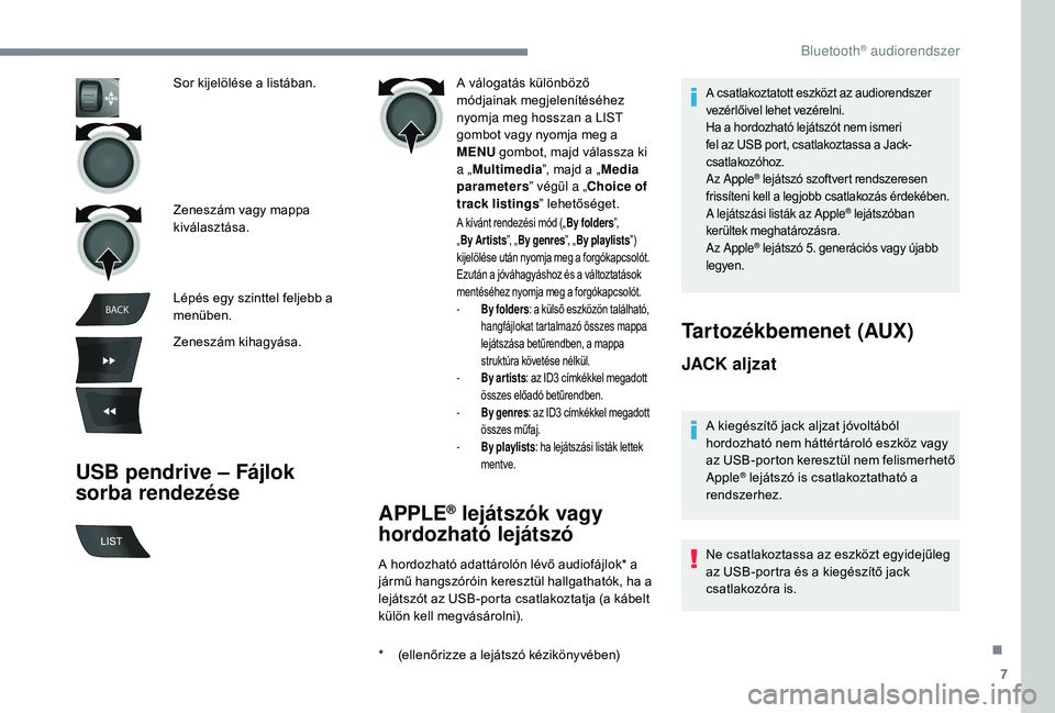 CITROEN C-ELYSÉE 2018 Kezelési útmutató (in Hungarian) 7
BACK
USB pendrive – Fájlok
sorba rendezése
A válogatás különböző
módjainak megjelenítéséhez
nyomja meg hosszan a LIST
gombot vagy nyomja meg a
MENU gombot, majd válassza ki
a CITROEN C-ELYSÉE 2018 Kezelési útmutató (in Hungarian) 7
BACK
USB pendrive – Fájlok
sorba rendezése
A válogatás különböző
módjainak megjelenítéséhez
nyomja meg hosszan a LIST
gombot vagy nyomja meg a
MENU gombot, majd válassza ki
a