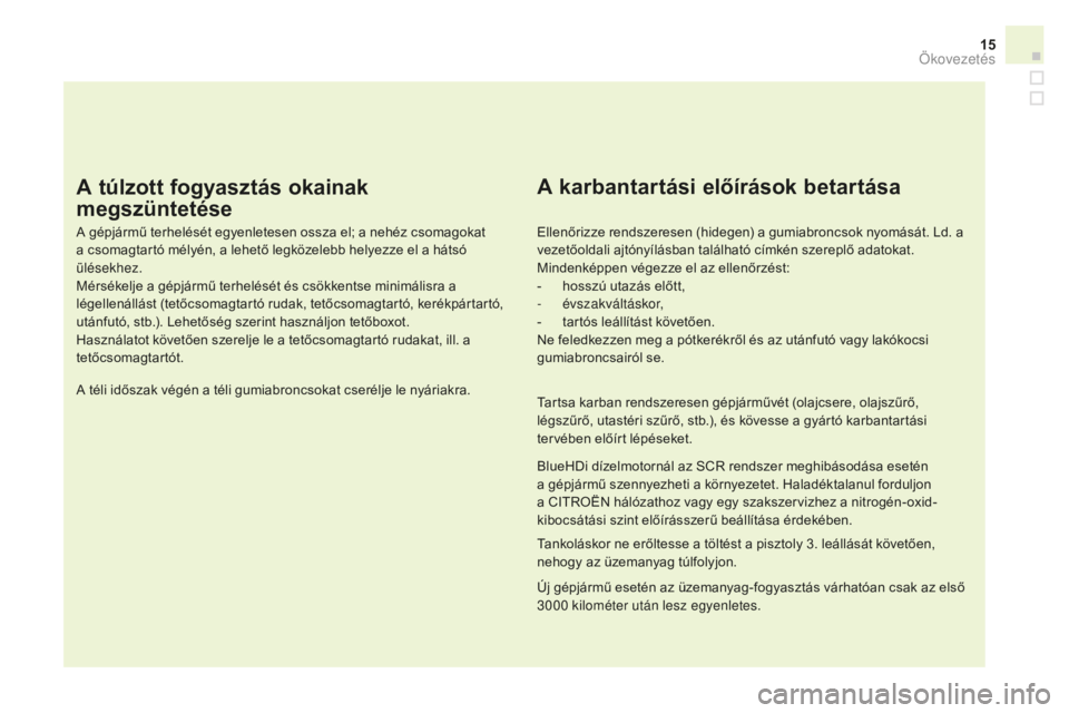 CITROEN DS3 CABRIO 2017  Kezelési útmutató (in Hungarian) 15
DS3_hu_Chap00c_eco-conduite_ed02-2015
A túlzott fogyasztás okainak 
megszüntetése
A gépjármű terhelését egyenletesen ossza el; a nehéz csomagokat 
a csomagtartó mélyén, a lehető legk