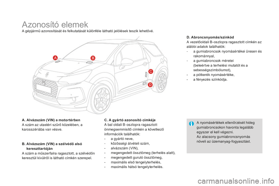 CITROEN DS3 CABRIO 2017  Kezelési útmutató (in Hungarian) DS3_hu_Chap10_caracteristiques_ed02-2015
Azonosító elemekA gépjármű azonosítását és felkutatását különféle látható jelölések teszik lehetővé.
A. Alvázszám (VIN) a motor térben
A