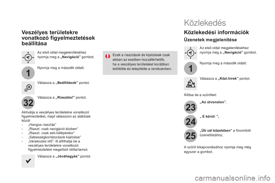 CITROEN DS3 CABRIO 2017  Kezelési útmutató (in Hungarian) 11
23
24
25
32
DS3_hu_Chap11c_SMEGplus_ed02-2015
Veszélyes területekre 
vonatkozó figyelmeztetések 
beállítása
Az első oldal megjelenítéséhez 
nyomja meg a „Navigáció” gombot.
ny

omj