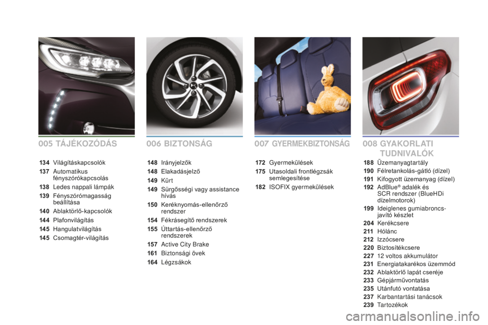 CITROEN DS3 CABRIO 2017  Kezelési útmutató (in Hungarian) DS3_hu_Chap00a_sommaire_ed02-2015
BIzTONSÁGGYAKORLATI 
TUDNI
vA

LÓKGYERMEKBIzTONSÁG
172 Gyermekülések
175
 U
 tasoldali frontlégzsák 
semlegesítése
182
 

i
SoFiX
  gyermekülések
14 8 I
r
