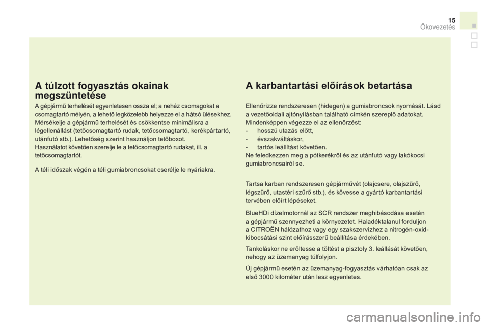 CITROEN DS3 CABRIO 2016  Kezelési útmutató (in Hungarian) 15
DS3_hu_Chap00c_eco-conduite_ed01-2015
A túlzott fogyasztás okainak 
megszüntetése
A gépjármű terhelését egyenletesen ossza el; a nehéz csomagokat a 
csomagtartó mélyén, a lehető legk