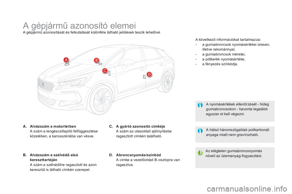 CITROEN DS5 HYBRID 2015  Kezelési útmutató (in Hungarian) DS5_hu_Chap10_caracteristiques_ed01-2015
A gépjármű azonosító elemeiA gépjármű azonosítását és felkutatását különféle látható jelölések teszik lehetővé.
A.
 A
lvázszám a motor