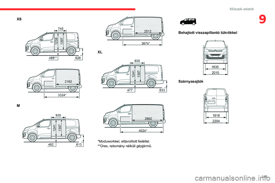 CITROEN JUMPER DISPATCH 2021  Kezelési útmutató (in Hungarian) 245
Műszaki adatok
9XS 
 
 
 
M 
 
 
 
XL 
 
 
 
*Moduworkkel, eltávolított fedéllel.
**Üres, rakomány nélküli gépjármű.
 
 
Behajtott visszapillantó tükrökkel 
 
Szárnyasajtók 
    