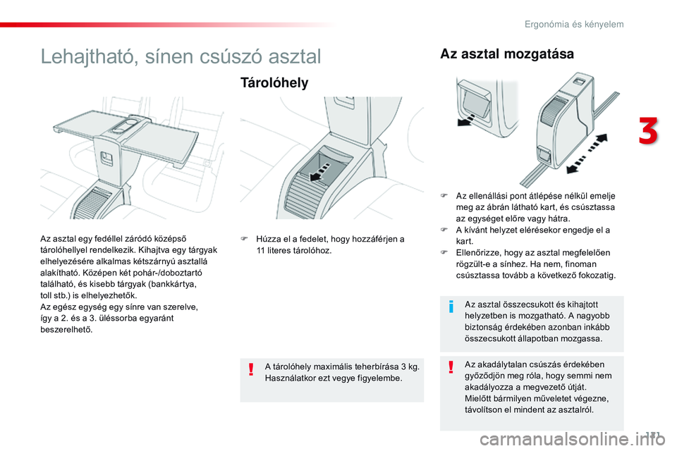 CITROEN JUMPER SPACETOURER 2017 Kezelési útmutató (in Hungarian) 121
Spacetourer-VP_hu_Chap03_ergonomie-et-confort_ed01-2016
Lehajtható, sínen csúszó asztal
Tárolóhely
Az akadálytalan csúszás érdekében
győződjön meg róla, hogy semmi nem
akadályozz CITROEN JUMPER SPACETOURER 2017 Kezelési útmutató (in Hungarian) 121
Spacetourer-VP_hu_Chap03_ergonomie-et-confort_ed01-2016
Lehajtható, sínen csúszó asztal
Tárolóhely
Az akadálytalan csúszás érdekében
győződjön meg róla, hogy semmi nem
akadályozz