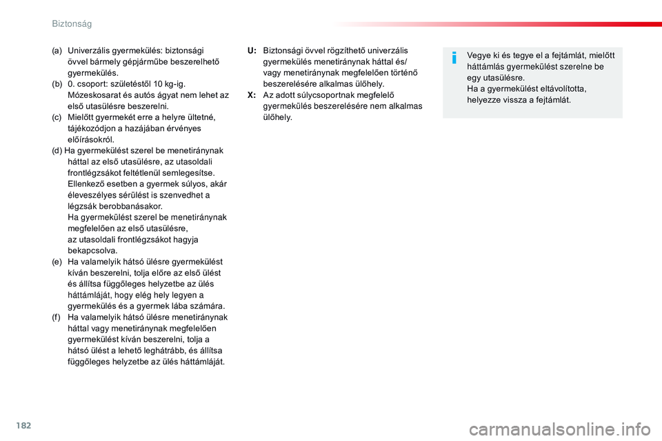 CITROEN JUMPER SPACETOURER 2017 Kezelési útmutató (in Hungarian) 182
Spacetourer-VP_hu_Chap05_securite_ed01-2016
(a) Univerzális gyermekülés: biztonsági övvel bármely gépjárműbe beszerelhető
gyermekülés.
(b)
0
. csoport: születéstől 10 kg-ig.
M CITROEN JUMPER SPACETOURER 2017 Kezelési útmutató (in Hungarian) 182
Spacetourer-VP_hu_Chap05_securite_ed01-2016
(a) Univerzális gyermekülés: biztonsági övvel bármely gépjárműbe beszerelhető
gyermekülés.
(b)
0
. csoport: születéstől 10 kg-ig.
M