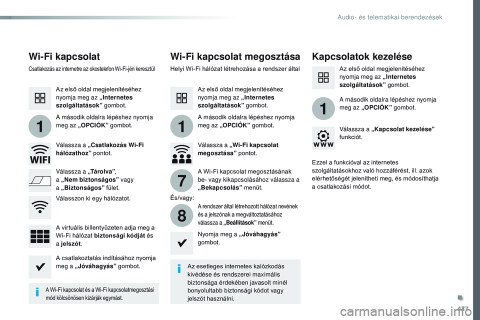 CITROEN JUMPER SPACETOURER 2017 Kezelési útmutató (in Hungarian) 427
11
1
7
8
Spacetourer-VP_hu_Chap10c_RCC-1_ed01-2016
Wi-Fi kapcsolatWi-Fi kapcsolat megosztása Kapcsolatok kezelése
Az esetleges internetes kalózkodás
kivédése és rendszerei maximális
bizt CITROEN JUMPER SPACETOURER 2017 Kezelési útmutató (in Hungarian) 427
11
1
7
8
Spacetourer-VP_hu_Chap10c_RCC-1_ed01-2016
Wi-Fi kapcsolatWi-Fi kapcsolat megosztása Kapcsolatok kezelése
Az esetleges internetes kalózkodás
kivédése és rendszerei maximális
bizt