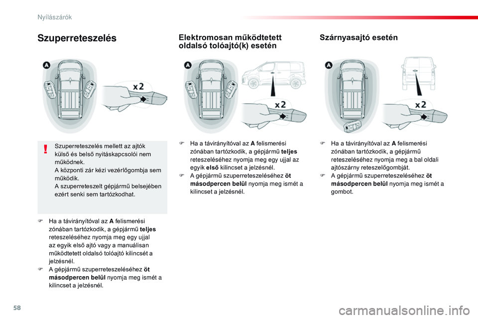 CITROEN JUMPER SPACETOURER 2017 Kezelési útmutató (in Hungarian) 58
Spacetourer-VP_hu_Chap02_ouvertures_ed01-2016
Szuperreteszelés
Szuperreteszelés mellett az ajtók
külső és belső nyitáskapcsolói nem
működnek.
A központi zár kézi vezérlőgombja sem CITROEN JUMPER SPACETOURER 2017 Kezelési útmutató (in Hungarian) 58
Spacetourer-VP_hu_Chap02_ouvertures_ed01-2016
Szuperreteszelés
Szuperreteszelés mellett az ajtók
külső és belső nyitáskapcsolói nem
működnek.
A központi zár kézi vezérlőgombja sem