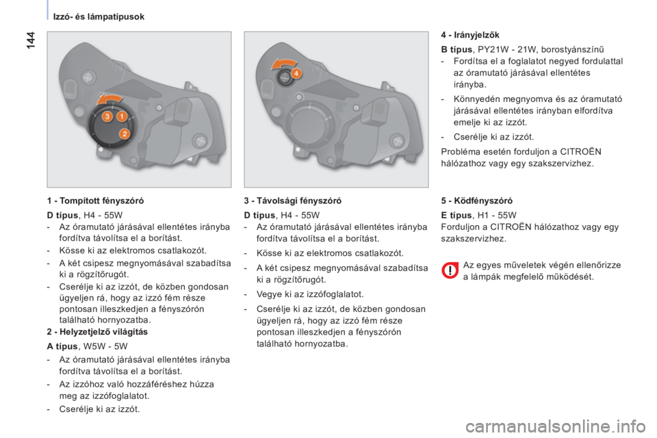 CITROEN NEMO 2013 Kezelési útmutató (in Hungarian)
Izzó- és lámpatípusok
1 - Tompított fényszóró
D típus
, H4 - 55W
- Az óramutató járásával ellentétes irányba
fordítva távolítsa el a borítást.
- K CITROEN NEMO 2013 Kezelési útmutató (in Hungarian)
Izzó- és lámpatípusok
1 - Tompított fényszóró
D típus
, H4 - 55W
- Az óramutató járásával ellentétes irányba
fordítva távolítsa el a borítást.
- K