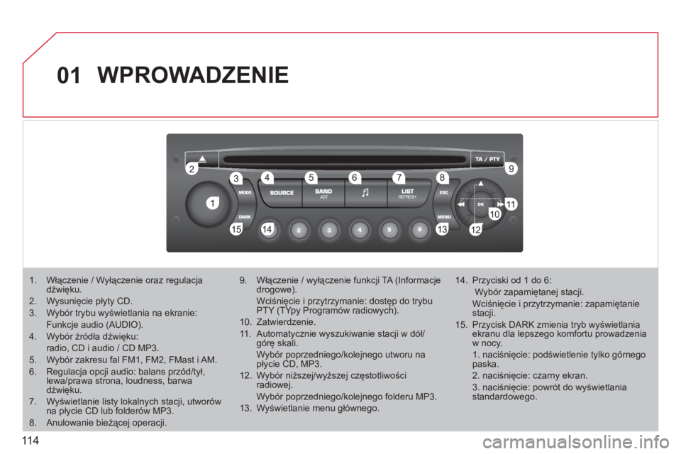 CITROEN BERLINGO FIRST 2011  Instrukcja obsługi (in Polish) 11 4
01
1
22
10101111
133144155
33445566778899
122
WPROWADZENIE
1.  Włączenie / Wyłączenie oraz regulacja dźwięku. 
2.  Wysunięcie płyty CD. 
3.   Wybór trybu wyświetlania na ekranie:
Funkcj