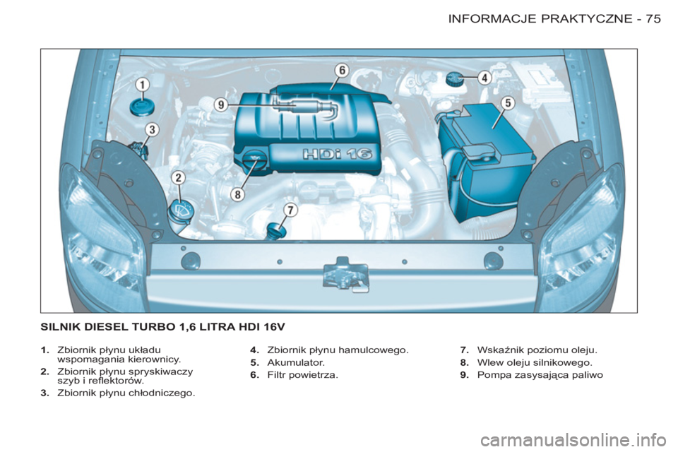 CITROEN BERLINGO FIRST 2011  Instrukcja obsługi (in Polish) 75 INFORMACJE PRAKTYCZNE-
   
 
1. 
 Zbiornik płynu układu 
wspomagania kierownicy. 
   
2. 
 Zbiornik płynu spryskiwaczy 
szyb i reﬂ ektorów. 
   
3. 
 Zbiornik płynu chłodniczego.    
4. 
 Z