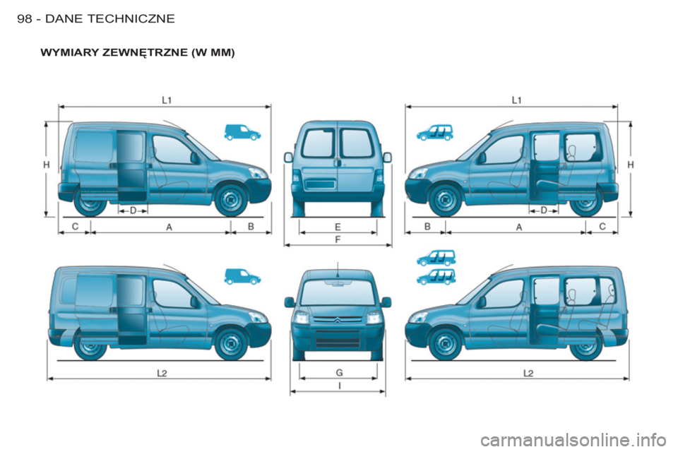 CITROEN BERLINGO FIRST 2011  Instrukcja obsługi (in Polish) DANE TECHNICZNE98 -
  WYMIARY ZEWNĘTRZNE (W MM) 