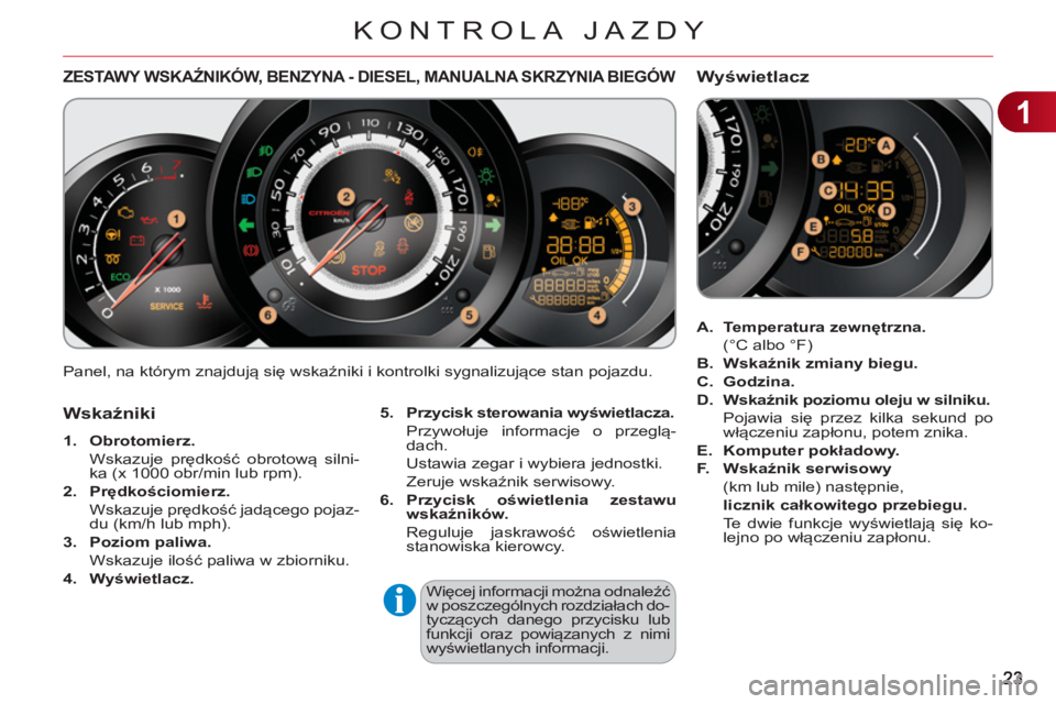 CITROEN C3 2013  Instrukcja obsługi (in Polish) 1
KONTROLA JAZDY
  Panel, na którym znajdują się wskaźniki i kontrolki sygnalizujące stan pojazdu. 
ZESTAWY WSKAŹNIKÓW, BENZYNA - DIESEL, MANUALNA SKRZYNIA BIEGÓW
 
 
5. 
  Przycisk sterowania