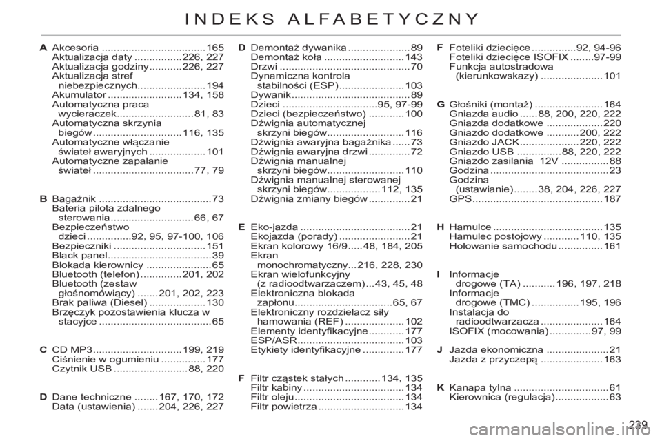 CITROEN C3 2013  Instrukcja obsługi (in Polish) 239
INDEKS ALFABETYCZNY
A Akcesoria ................................... 165
  Aktualizacja daty ................ 226, 227
  Aktualizacja godziny ........... 226, 227
 Aktualizacja stref 
niebezpieczny
