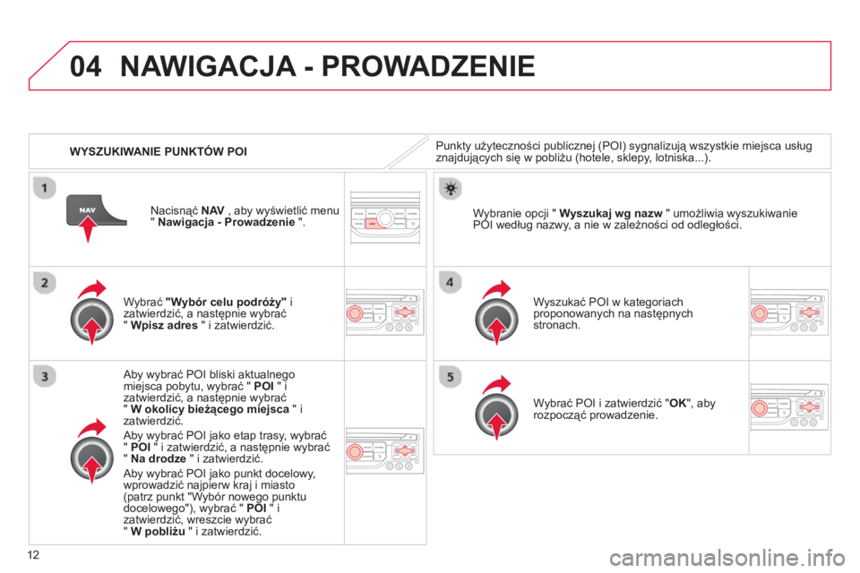 CITROEN C3 2013  Instrukcja obsługi (in Polish) 12
04
   
 
WYSZUKIWANIE PUNKTÓW POI
NAWIGACJA - PROWADZENIE 
Punkty użyteczności publicznej (POI) sygnalizują wszystkie miejsca usług 
znajdujących się w pobliżu (hotele, sklepy, lotniska...)