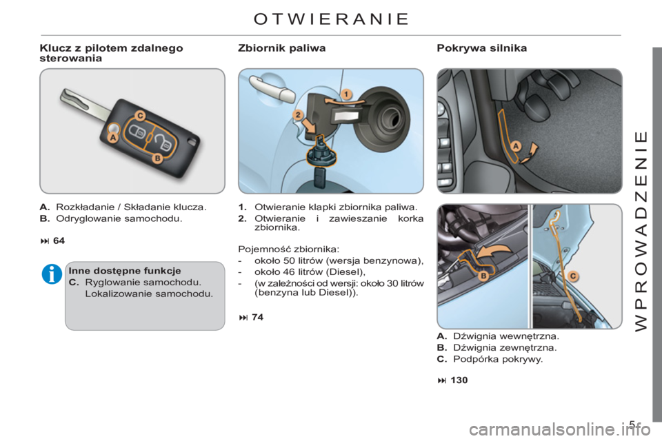 CITROEN C3 2013  Instrukcja obsługi (in Polish) 5
WPR
O
WADZENI
E
   
Klucz z pilotem zdalnego 
sterowania Zbiornik paliwa
   
 
1. 
  Otwieranie klapki zbiornika paliwa. 
   
2. 
 Otwieranie i zawieszanie korka 
zbiornika.      
A.  
Rozkładanie 