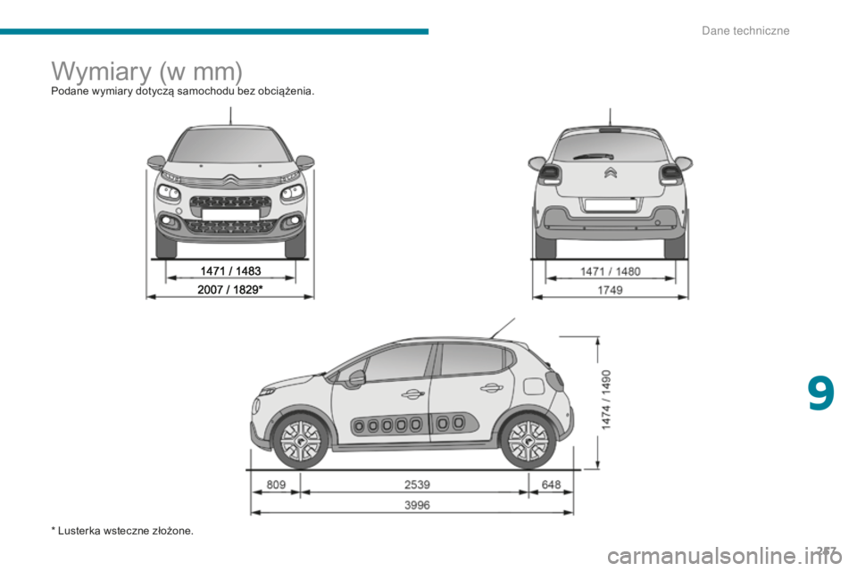 CITROEN C3 2017  Instrukcja obsługi (in Polish) 257
B618_pl_Chap09_caracteristiques-techniques_ed01-2016
Wymiary (w mm)Podane wymiary dotyczą samochodu bez obciążenia.
* Lusterka wsteczne złożone.
9 
D  