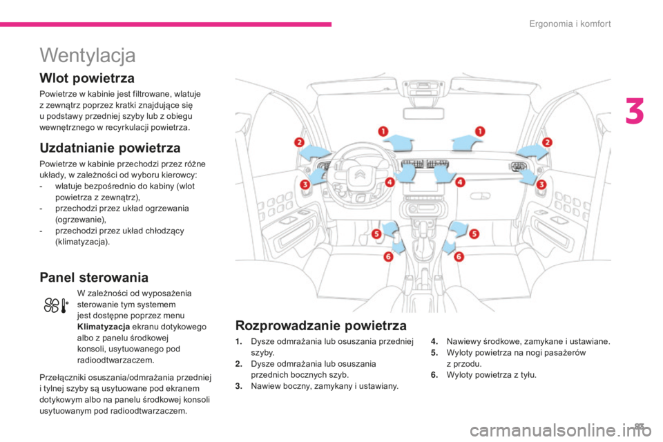 CITROEN C3 2017 Instrukcja obsługi (in Polish) 83
B618_pl_Chap03_Ergonomie-et-confort_ed01-2016
Wentylacja
Wlot powietrza
Powietrze w kabinie jest filtrowane, wlatuje
z zewnątrz poprzez kratki znajdujące się
u podstawy przedniej szyby lub z CITROEN C3 2017 Instrukcja obsługi (in Polish) 83
B618_pl_Chap03_Ergonomie-et-confort_ed01-2016
Wentylacja
Wlot powietrza
Powietrze w kabinie jest filtrowane, wlatuje
z zewnątrz poprzez kratki znajdujące się
u podstawy przedniej szyby lub z