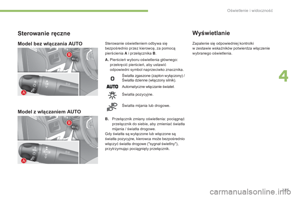 CITROEN C4 2017  Instrukcja obsługi (in Polish) 125
C4-2_pl_Chap04_eclairage-et-visibilite_ed02-2015
Model bez włączania AUTO
Model z  włączaniem AUTO
A.   Pierścień wyboru oświetlenia głównego: 
przekręcić pierścień, aby ustawić 
odp