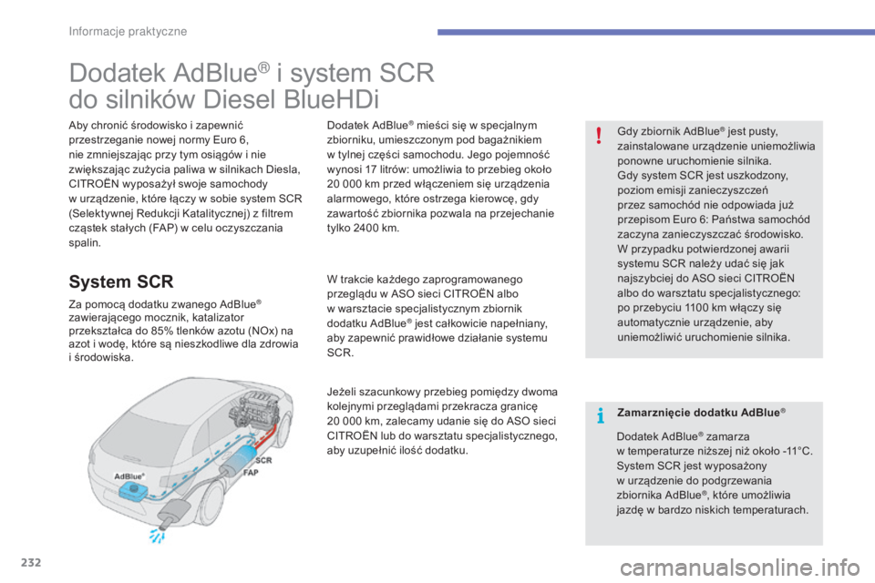 CITROEN C4 2017 Instrukcja obsługi (in Polish) 232
C4-2_pl_Chap07_infos-pratiques_ed02-2015
Dodatek AdBlue® i system SCR
d
o silników Diesel BlueHDi
Aby chronić środowisko i zapewnić
p rzestrzeganie nowej normy Euro 6,
nie zmniejszając prz CITROEN C4 2017 Instrukcja obsługi (in Polish) 232
C4-2_pl_Chap07_infos-pratiques_ed02-2015
Dodatek AdBlue® i system SCR
d
o silników Diesel BlueHDi
Aby chronić środowisko i zapewnić
p rzestrzeganie nowej normy Euro 6,
nie zmniejszając prz