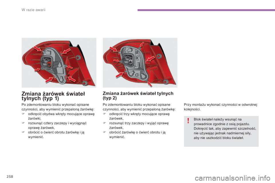 CITROEN C4 2017  Instrukcja obsługi (in Polish) 258
C4-2_pl_Chap08_en-cas-de-panne_ed02-2015
Po zdemontowaniu bloku wykonać opisane 
czynności, aby wymienić przepaloną żarówkę:
F 
o
 dkręcić obydwa wkręty mocujące oprawę 
żarówki,
F
 