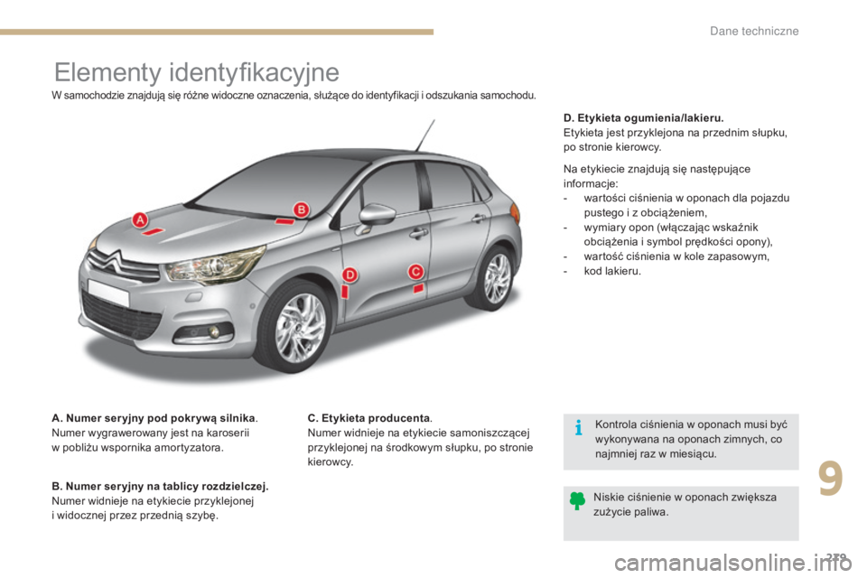 CITROEN C4 2017  Instrukcja obsługi (in Polish) 279
C4-2_pl_Chap09_caracteristiques_ed02-2015
Elementy identyfikacyjne
A.  Numer ser yjny pod pokr ywą silnika.
Numer wygrawerowany jest na karoserii  
w pobliżu wspornika amortyzatora.
B. 
 
N
 ume
