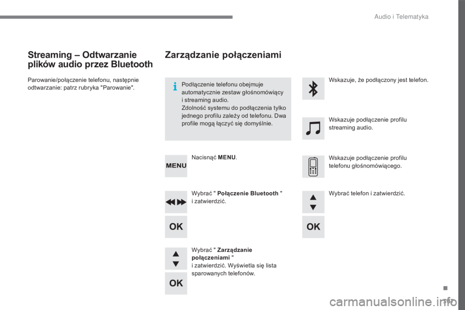 CITROEN C4 2017  Instrukcja obsługi (in Polish) 367
C4-2_pl_Chap10c_RD5_ed02-2015
Streaming – Odtwarzanie 
plików audio przez Bluetooth
Parowanie/połączenie telefonu, następnie 
odtwarzanie: patrz rubryka "Parowanie".Podłączenie tel