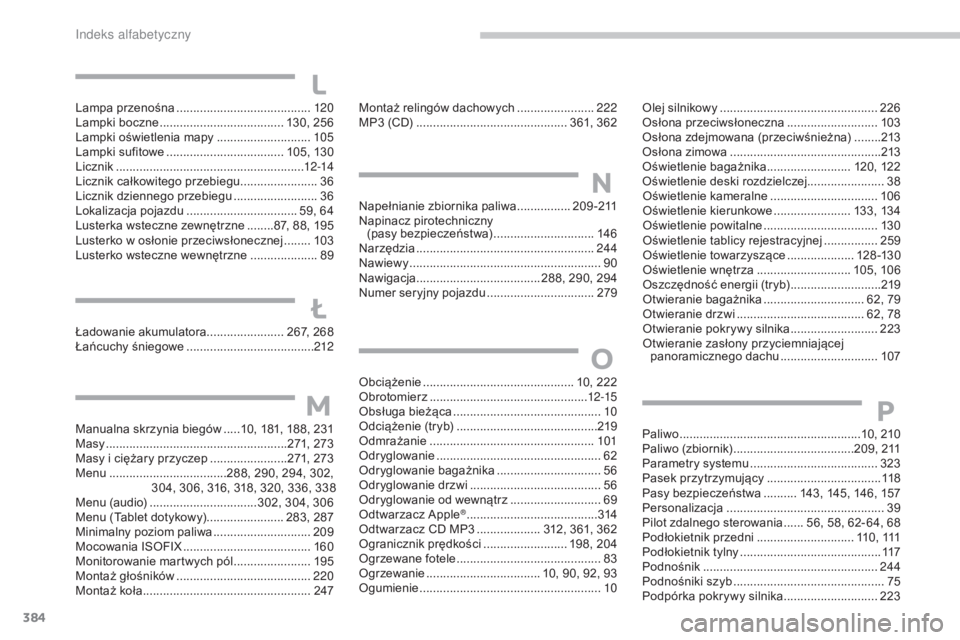 CITROEN C4 2017  Instrukcja obsługi (in Polish) 384
C4-2_pl_Chap11_index-alpha_ed02-2015
Lampa przenośna ........................................12 0
Lampki boczne  ............................... ...... 130, 256
Lampki oświetlenia mapy
 
.......