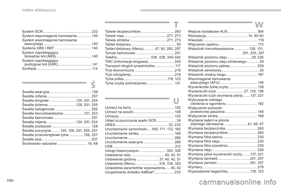 CITROEN C4 2017  Instrukcja obsługi (in Polish) 386
C4-2_pl_Chap11_index-alpha_ed02-2015
Tabele bezpieczników ..................................26 0
Tabele mas  ............................... .............271, 273
Tabele silników
 ..............