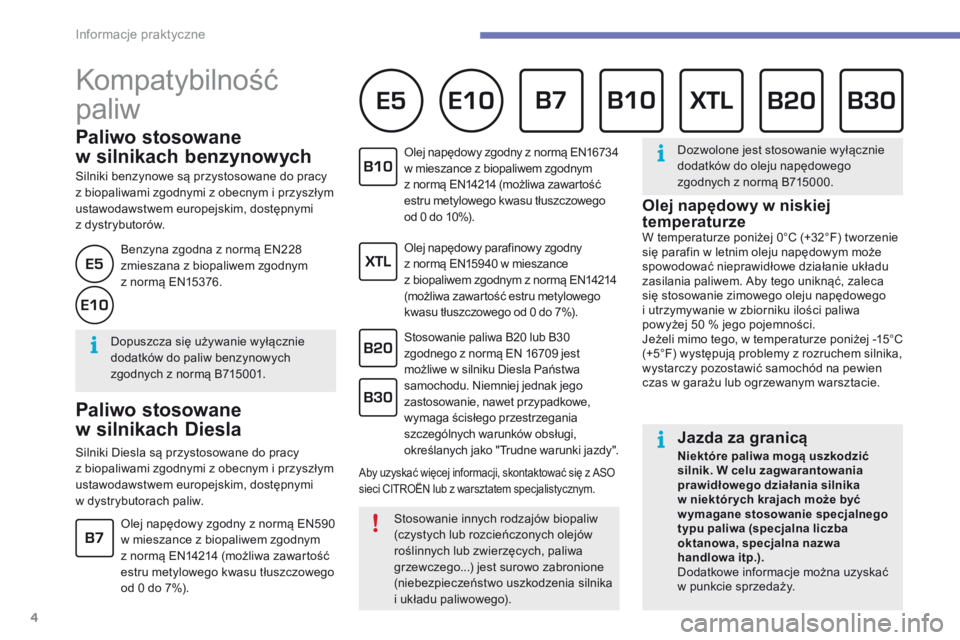 CITROEN C4 2017  Instrukcja obsługi (in Polish) Informacje praktyczne
4
C4-2-additif_pl_Chap07_infos-pratiques_ed02-2015
 Kompatybilność 
paliw 
          P a l i w o   s t o s o w a n e  
w silnikach benzynowych 
  Silniki benzynowe są przystos