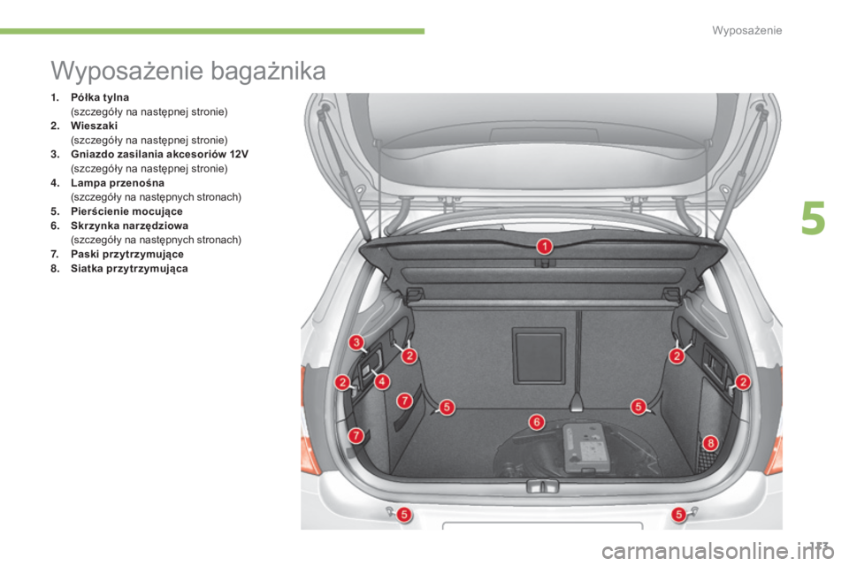 CITROEN C4 2015  Instrukcja obsługi (in Polish) 113
c4-2_pl_chap05_amenagement_ed01-2015
c4-2_pl_chap05_amenagement_ed01-2015
Wyposażenie bagażnika
1. Półka tylna (szczegóły na następnej stronie)
2.
 W

ieszaki
 (

szczegóły na następnej 
